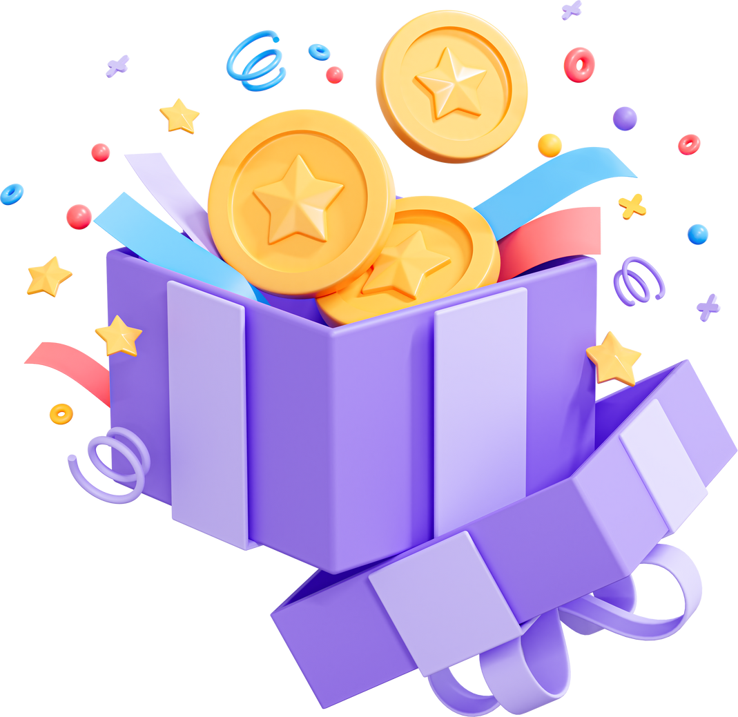 Gift box with coin and confetti